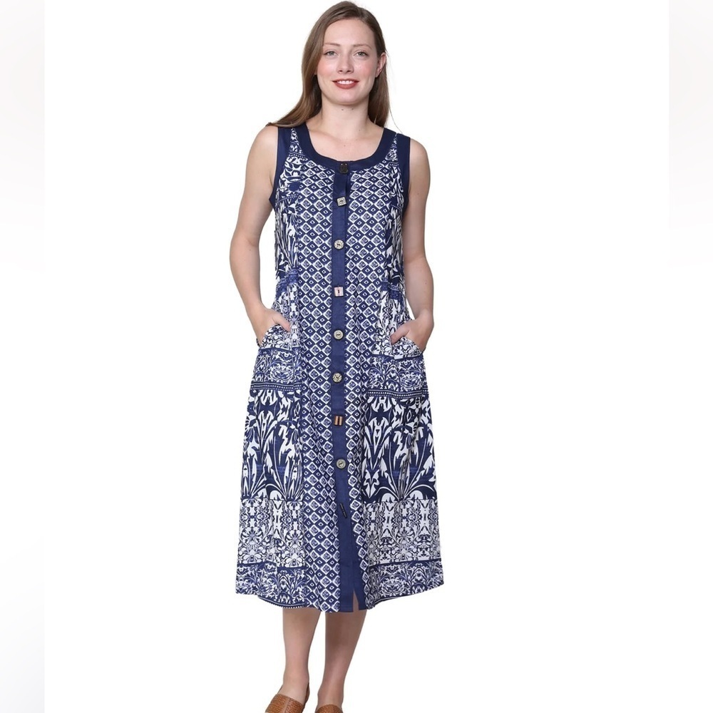 La Cera Floral Patchwork Button Up Midi Dress Womens Size 1X Blue Artsy Boho